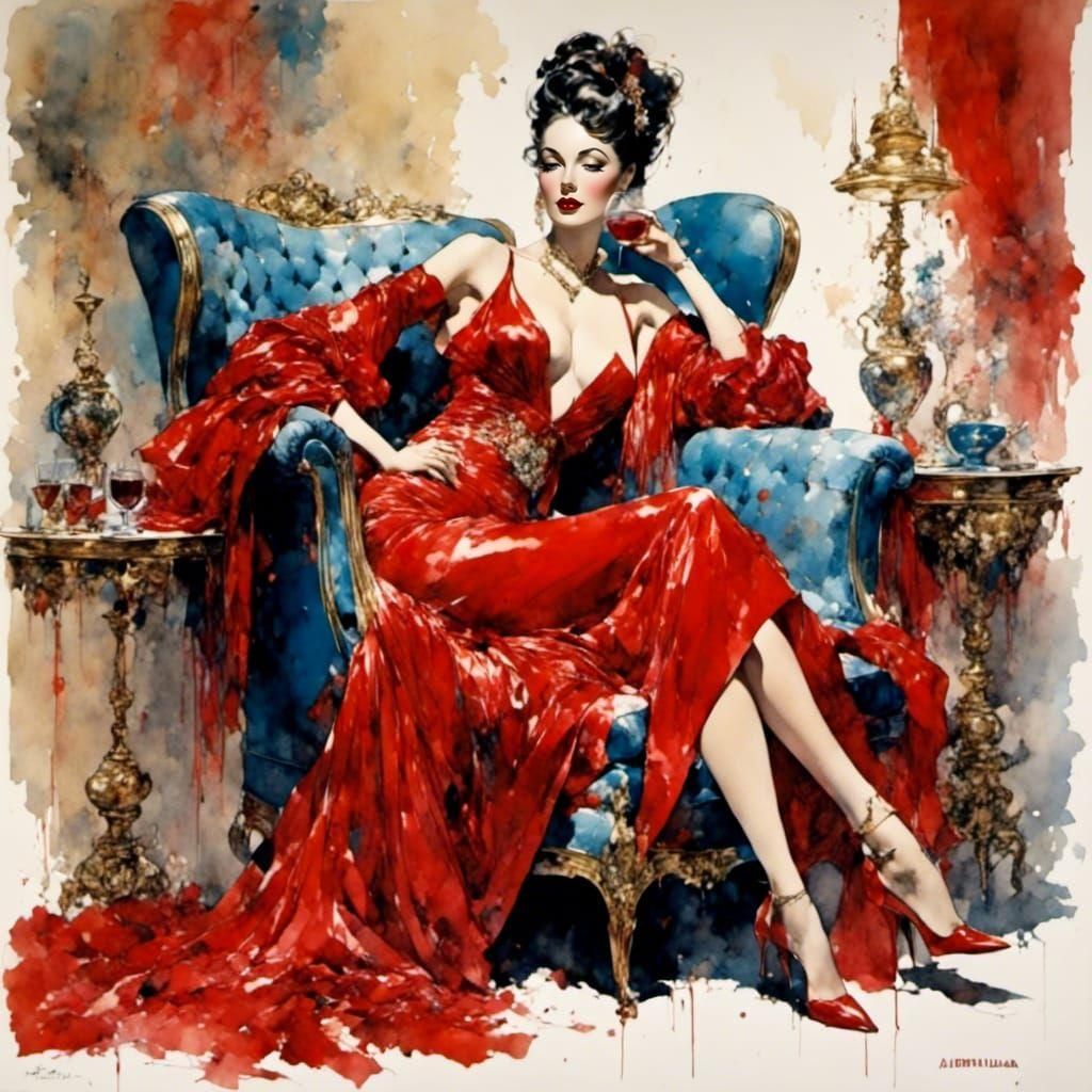 Woman Relaxing in Chair, Vargas Style Illustration