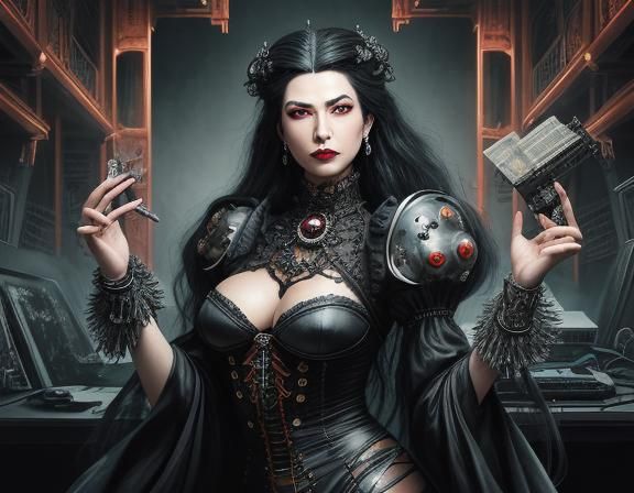 Vampire queen with the look and spirit of a European noblewoman, sumptuous and fluffy expressive dress, Cables, pipes, m...