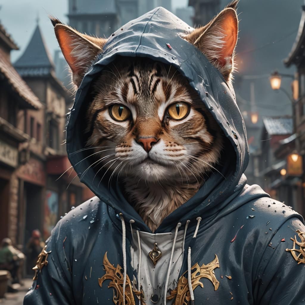Cat-Human Hybrid in Hoodie: Detailed Fantasy Art