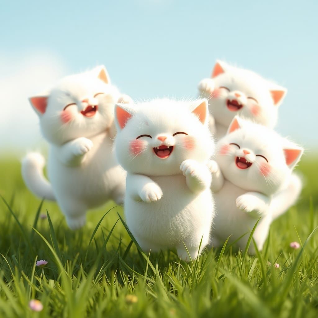 Marshmallow Cats Playing in Grass: CGI Render