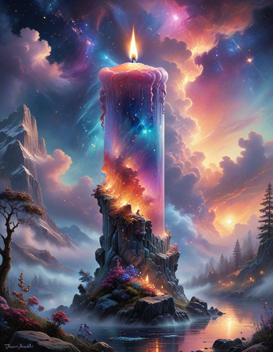 Nebula Candle Burning in Ethereal Fantasy Style