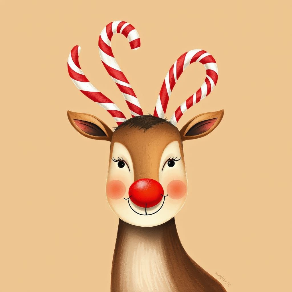 Whimsical Raindeer with Candy Cane Antlers in Earthy Brown H...
