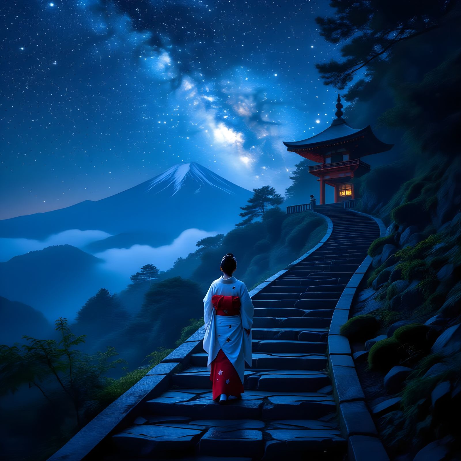 Priestess Ascends to Mountaintop Shrine Under Starry Sky