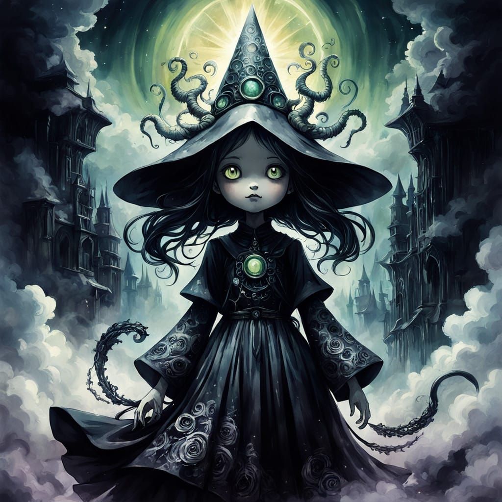 Whimsical Witch Girl Unleashes Magic in Dark Fantasy Landsca...