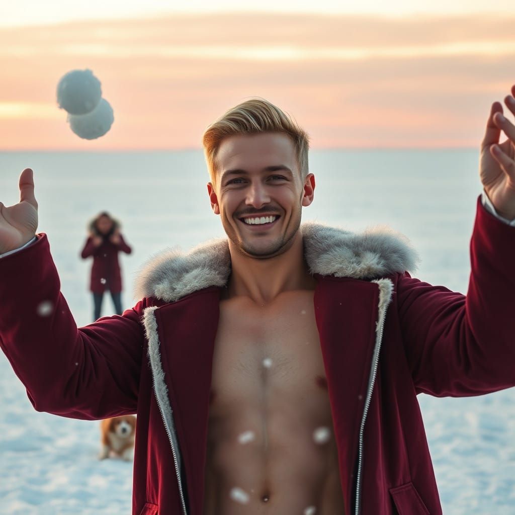 Chiseled Hero Throws Snowball in Winter Wonderland