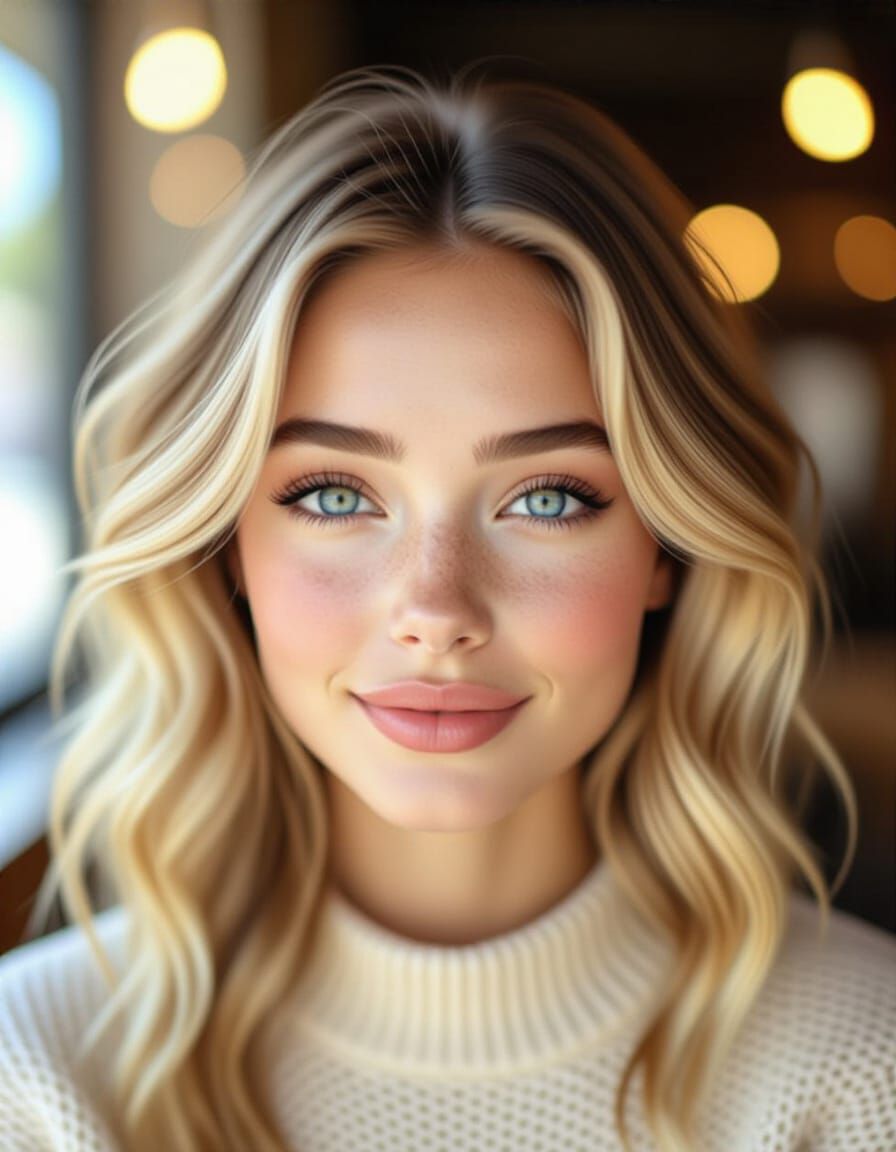 Cute Woman With Blue Eyes Smiling in Cafe