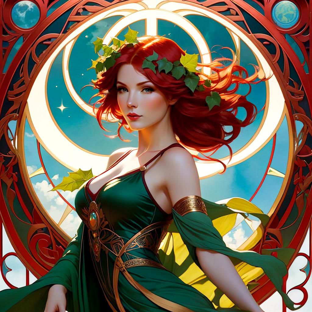 Red-Haired Wiccan Woman in Art Nouveau Style
