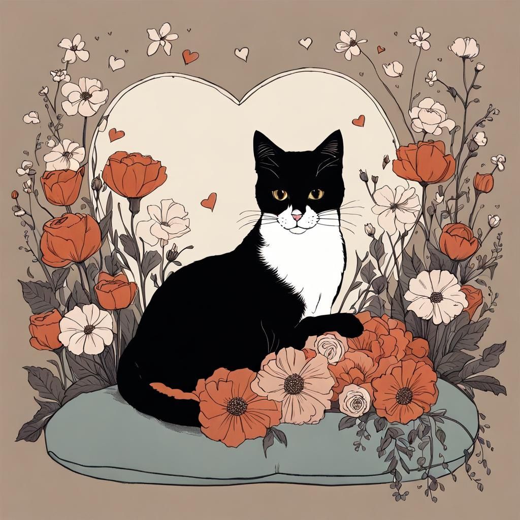 Cute Cat in Flower Garden: Dark Fantasy Illustration