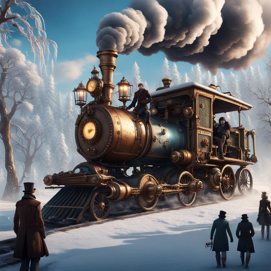 Steampunk Winter Scene with Steam Machine