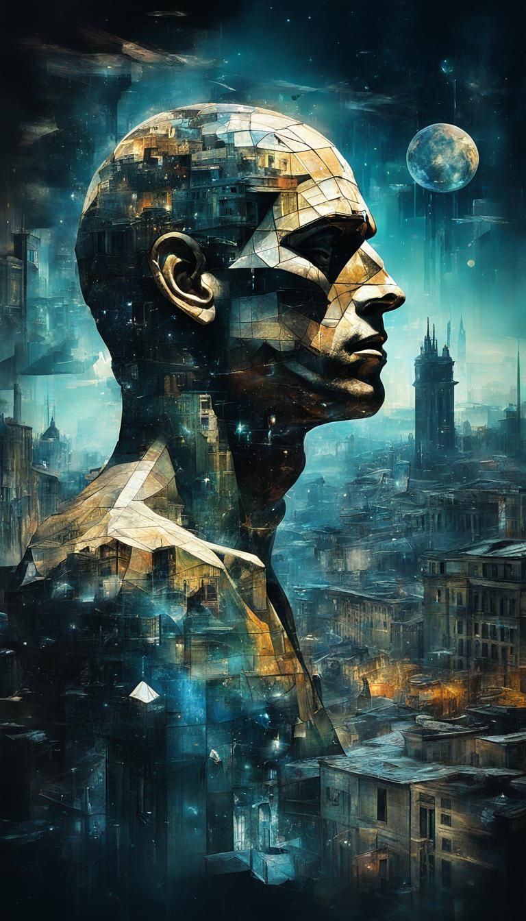 Surreal Cubist Dreamscape with Starry Sky