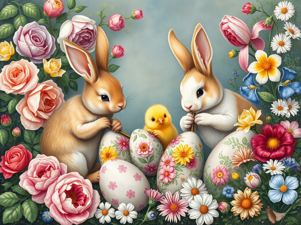 Whimsical Bunnies Painting Easter Eggs in Renaissance Style