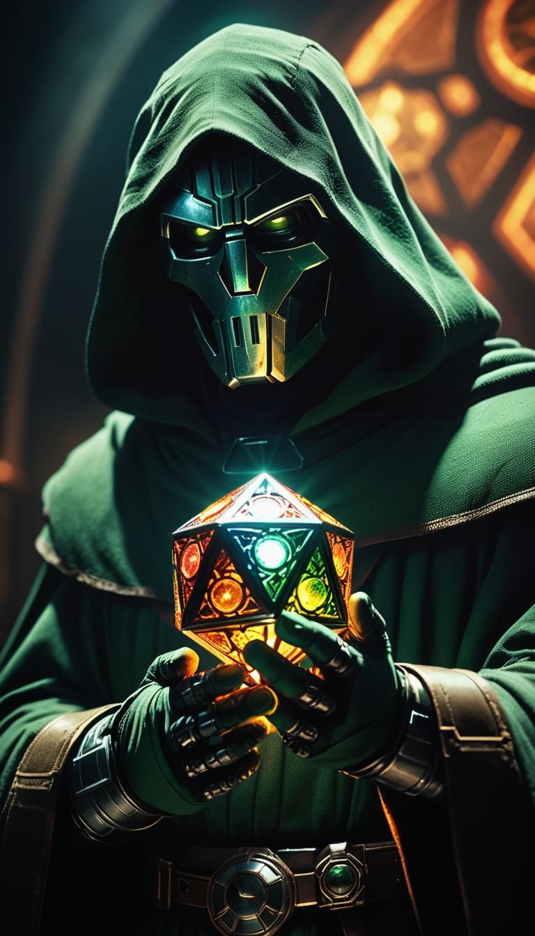 Doctor Doom and Glowing Dodecahedron in Gothic Horror Style