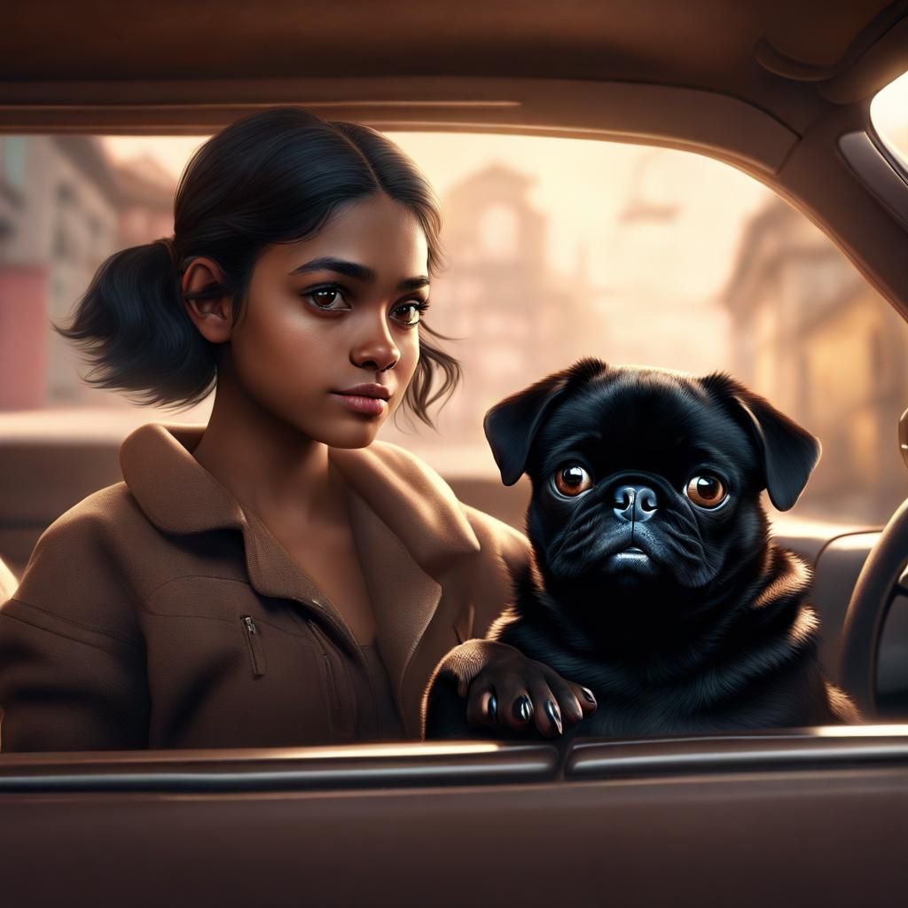 Girl with Puppy in Car: Detailed Matte Painting