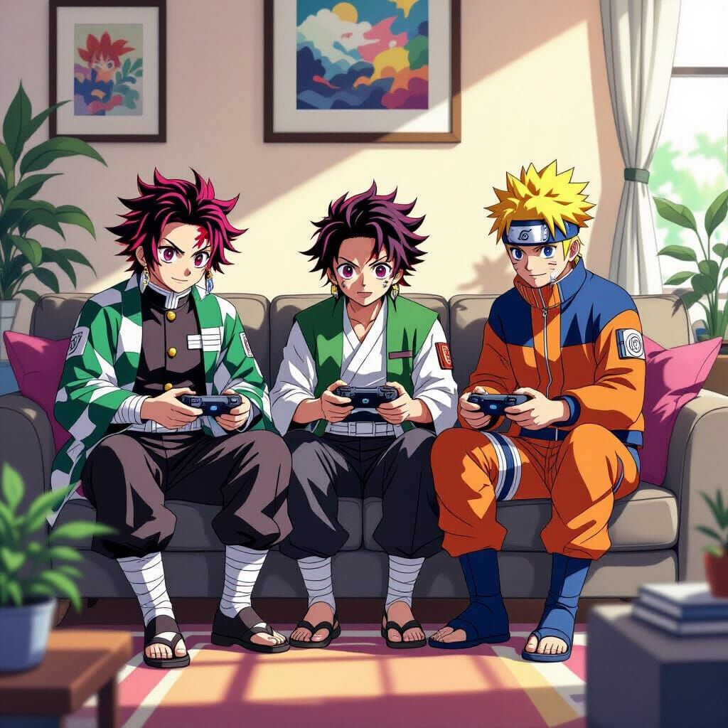 Anime Heroes Gaming Together in Vibrant Room