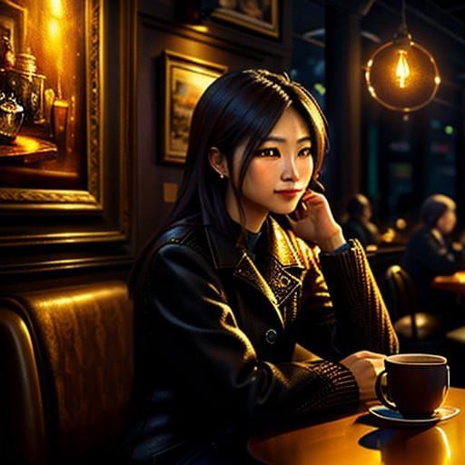 Cozy Nocturnal Cafe Scene as Oil Painting