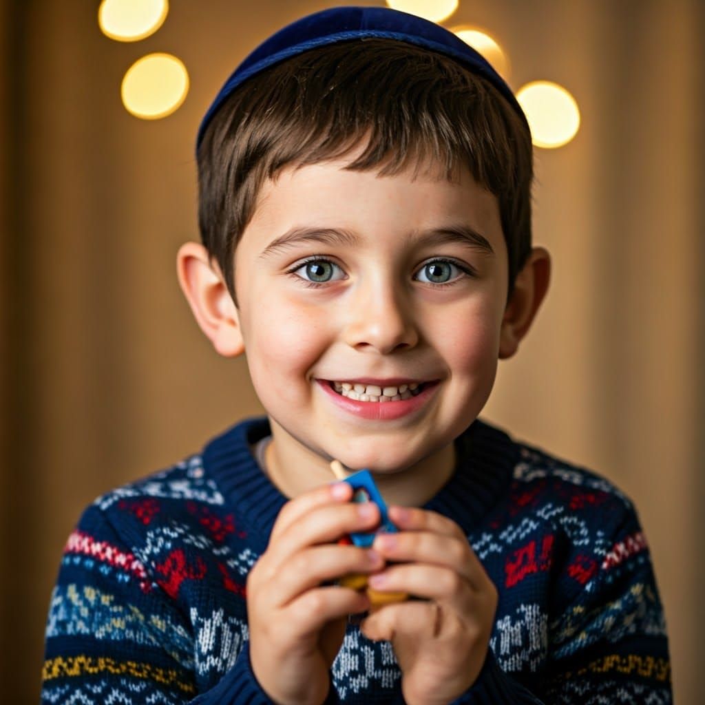 Joyful Young Boy in Traditional Jewry with Dreidel