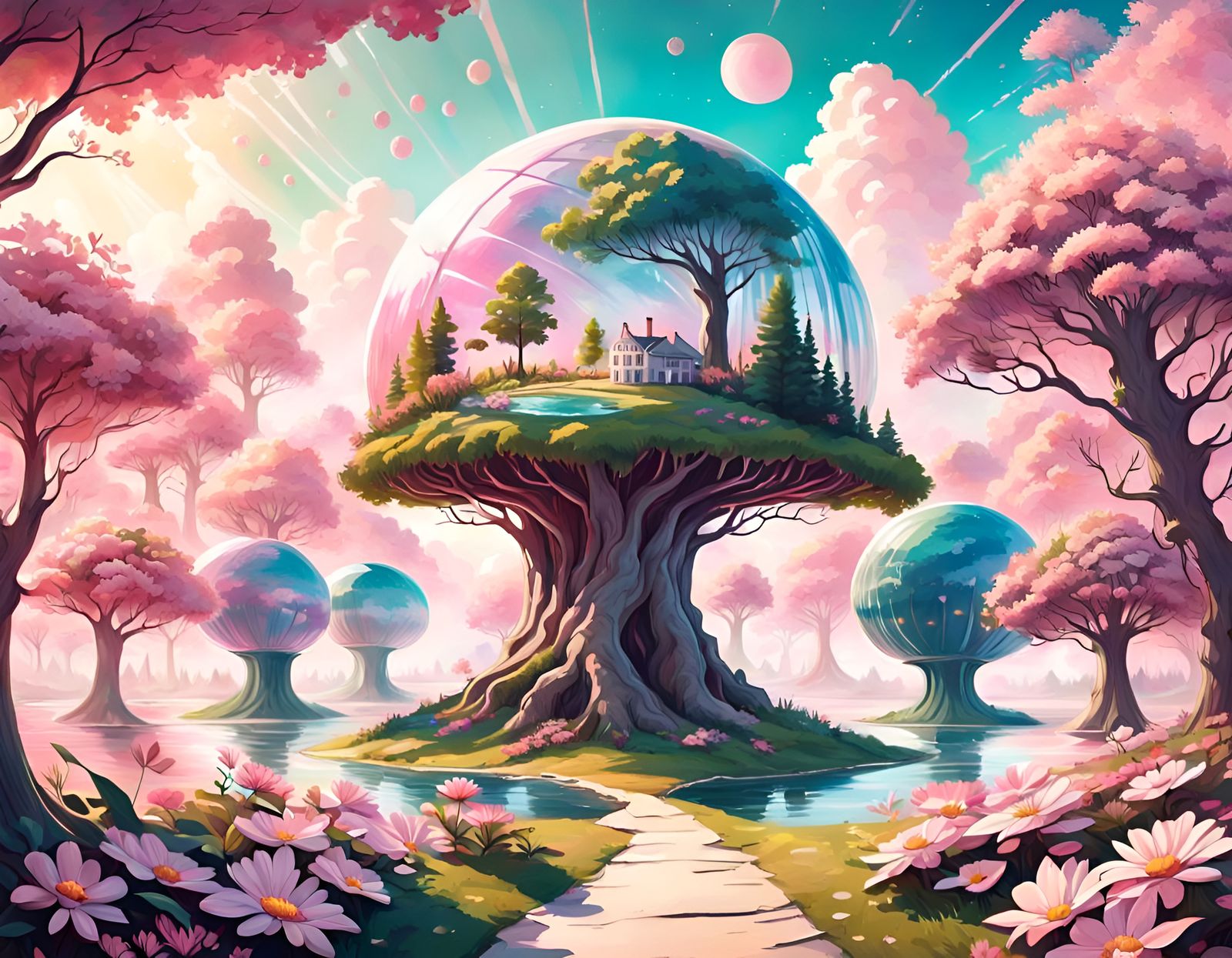 Utopian World with Flower Trees in Storybook Style