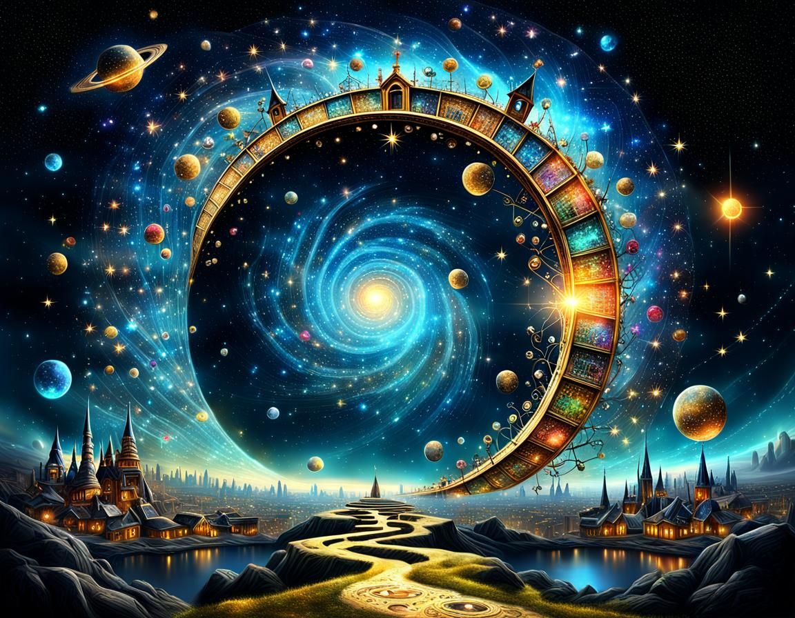 Surreal Time Portals Through a Starry Galaxy