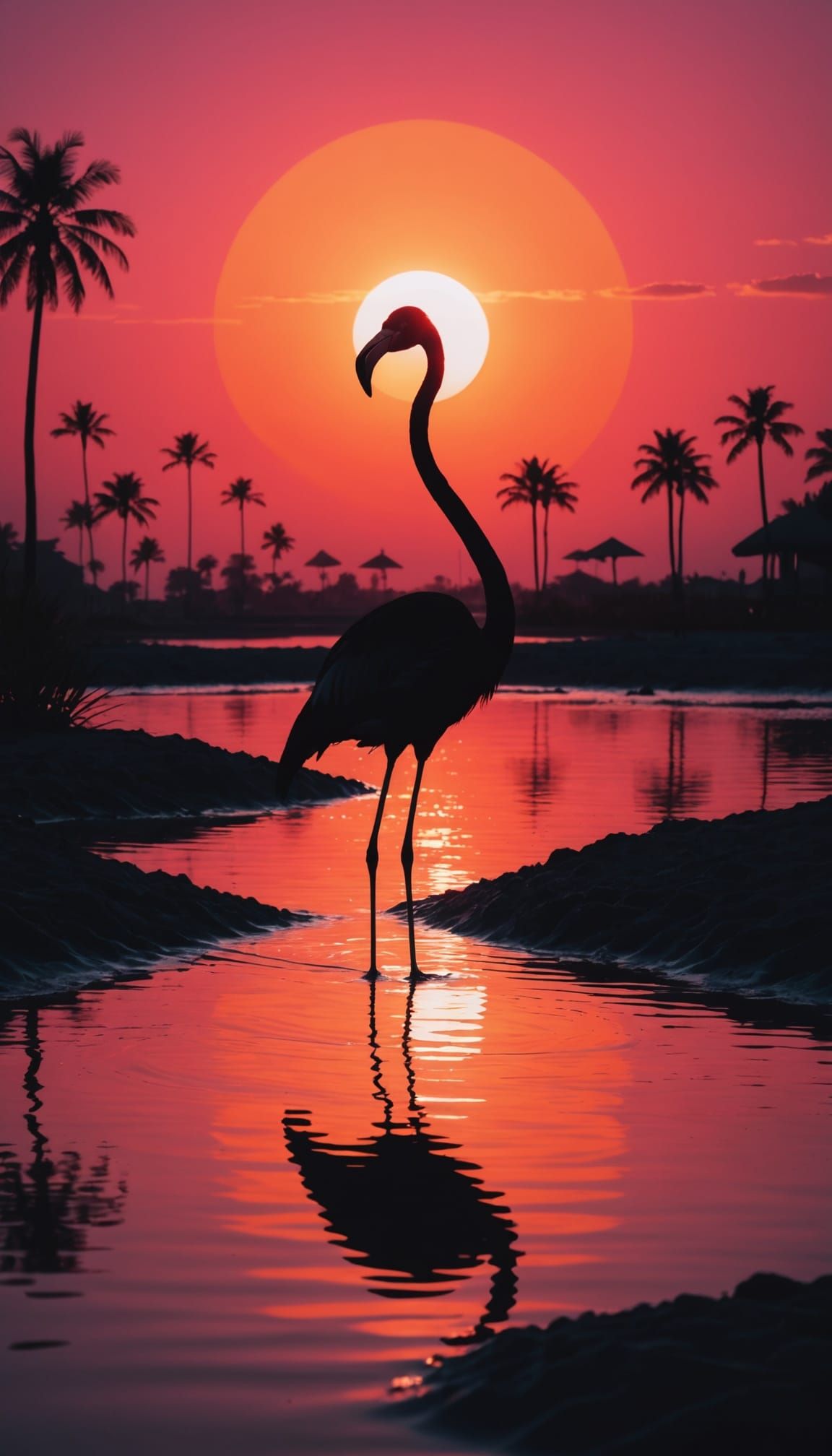 Ethereal Flamingo Silhouette Amidst Radiant Sunset