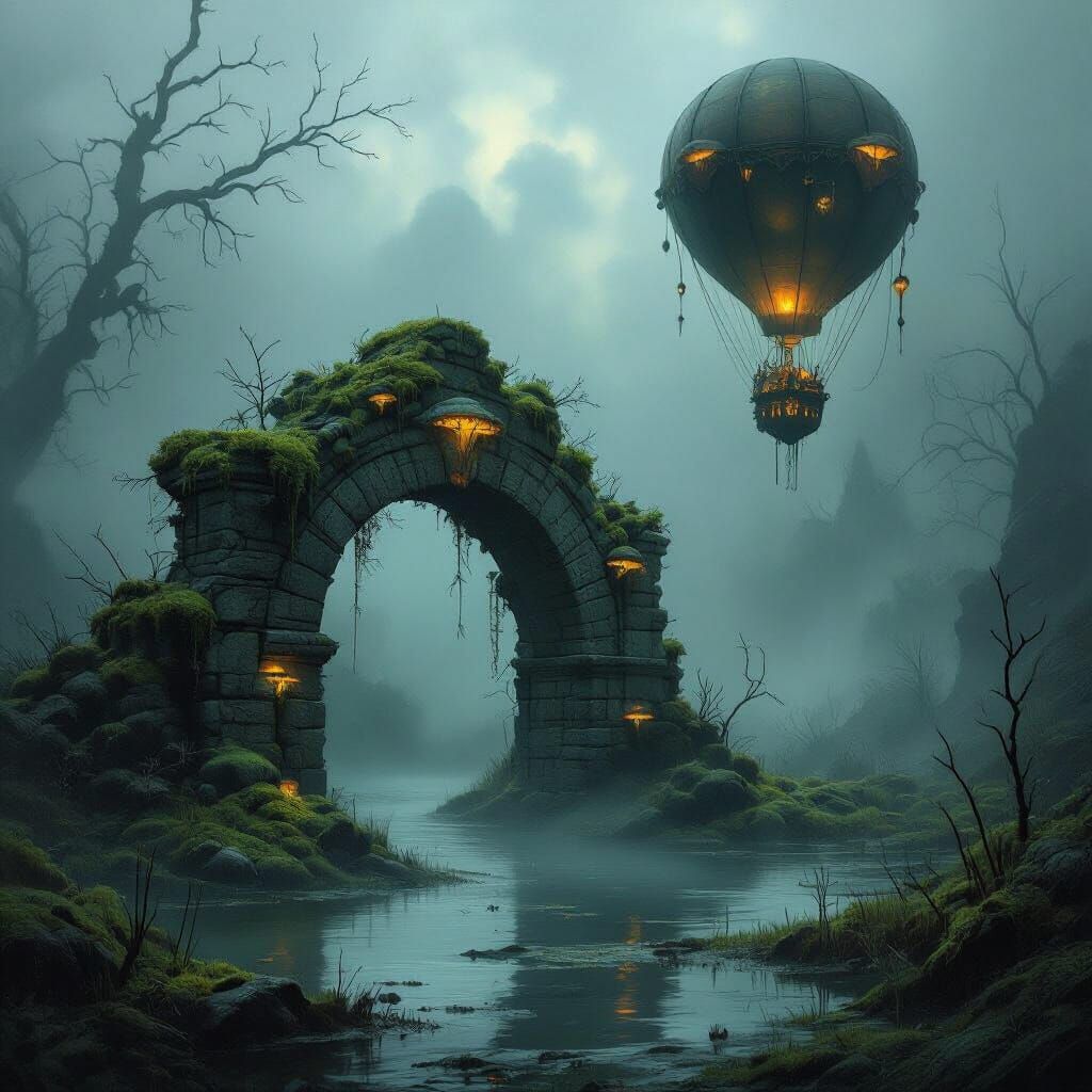 Mysterious Swamp Archway with Bioluminescent Fungi and Hot A...