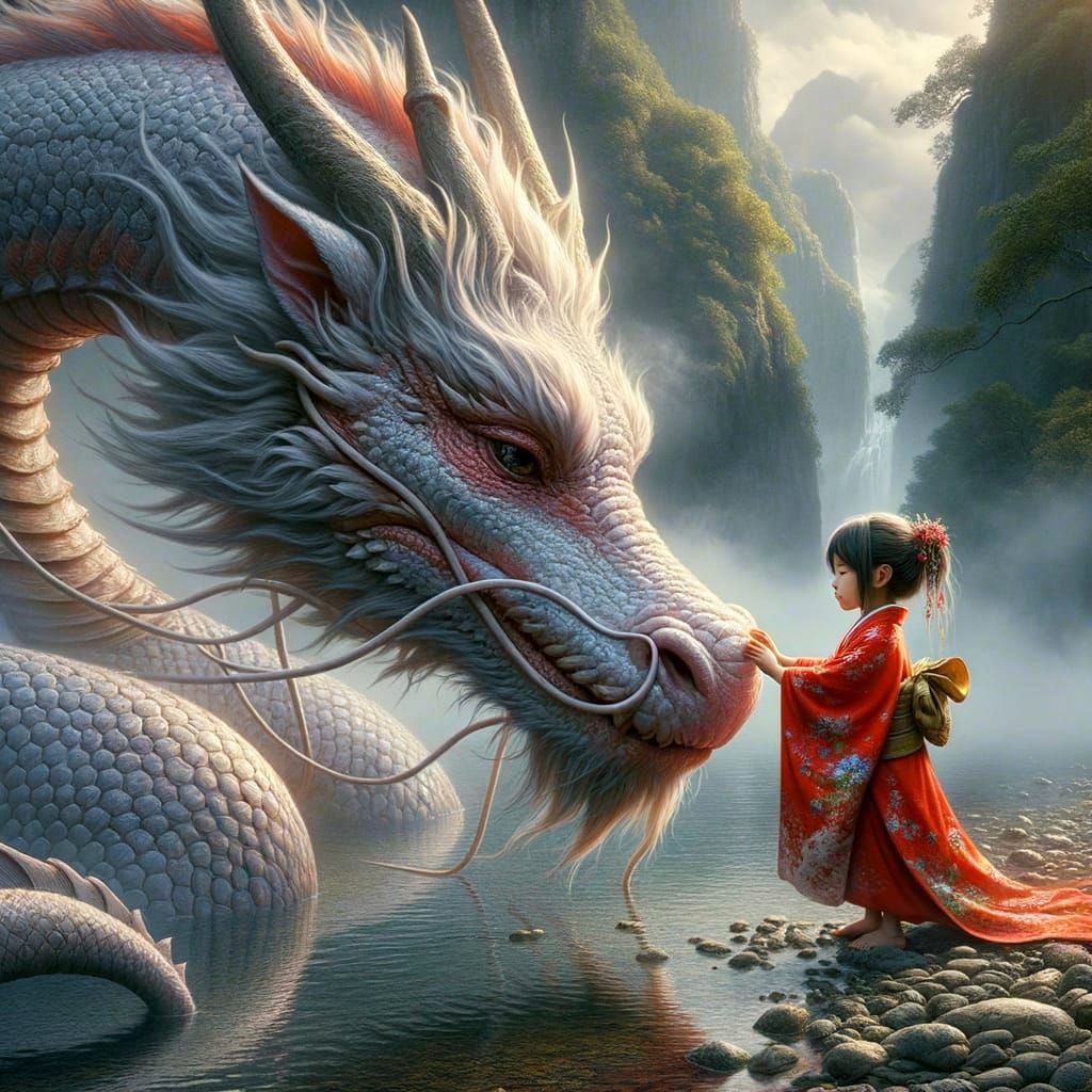 Girl and Dragon by Foggy River, Fine Art