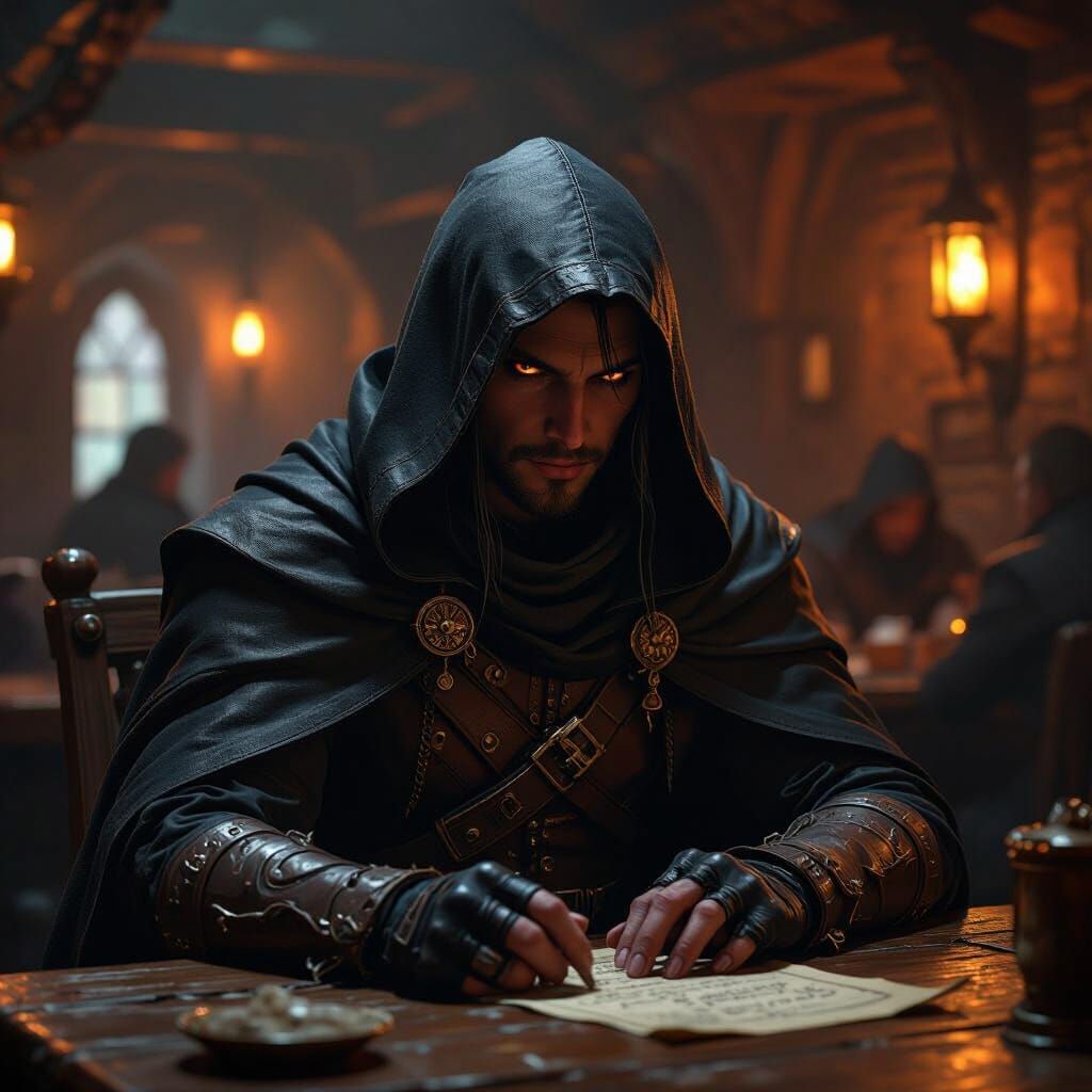 Tiefling Rogue in Dimly Lit Tavern, Digital Art