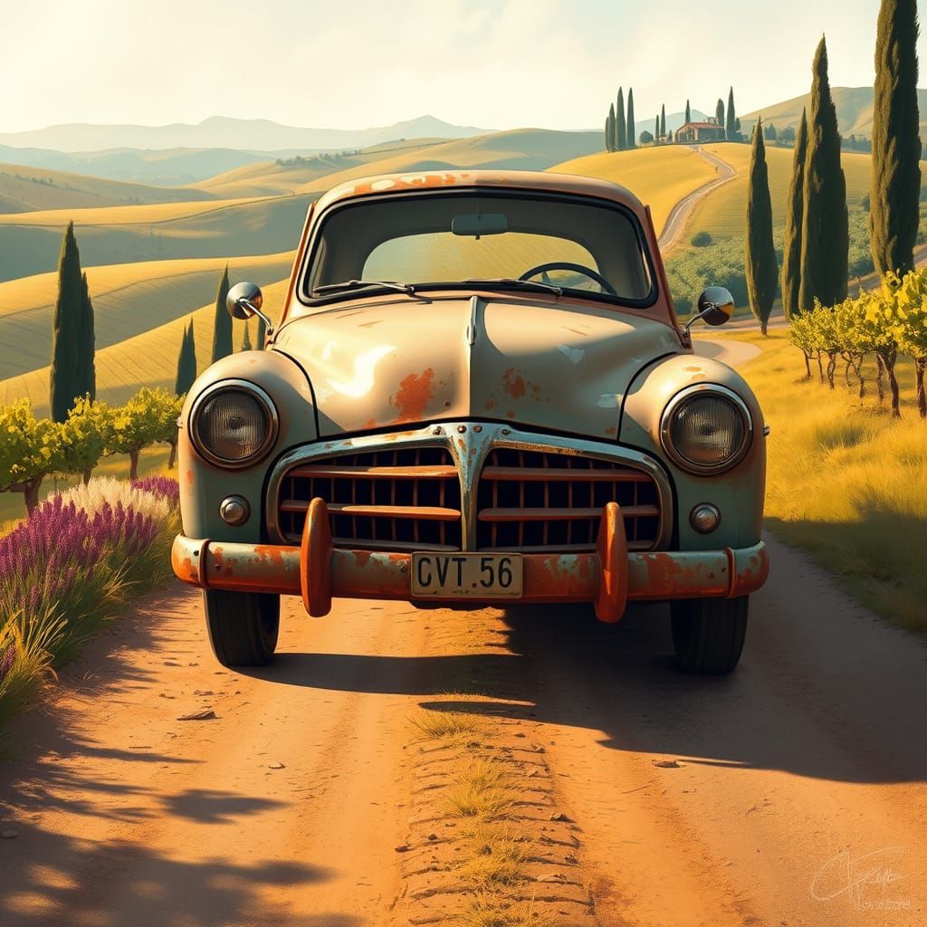 Charming Vintage Car in Tuscan Countryside Landscape