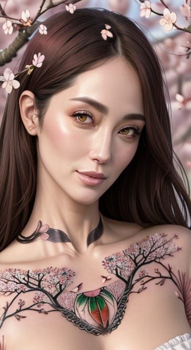 Symmetrical Portrait of a Lady in a Cherry Blossom Orchard