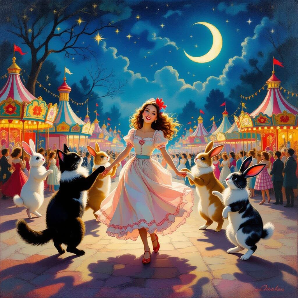 Whimsical Carnival Scene: Lady with Dancing Animals