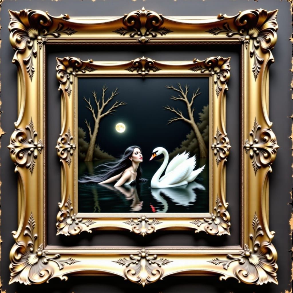 Serene Maiden and Swan Painting in Antique Frames