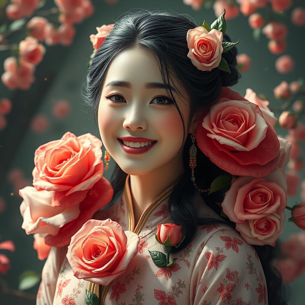 Beautiful Korean Woman with Roses: Detailed Matte Painting