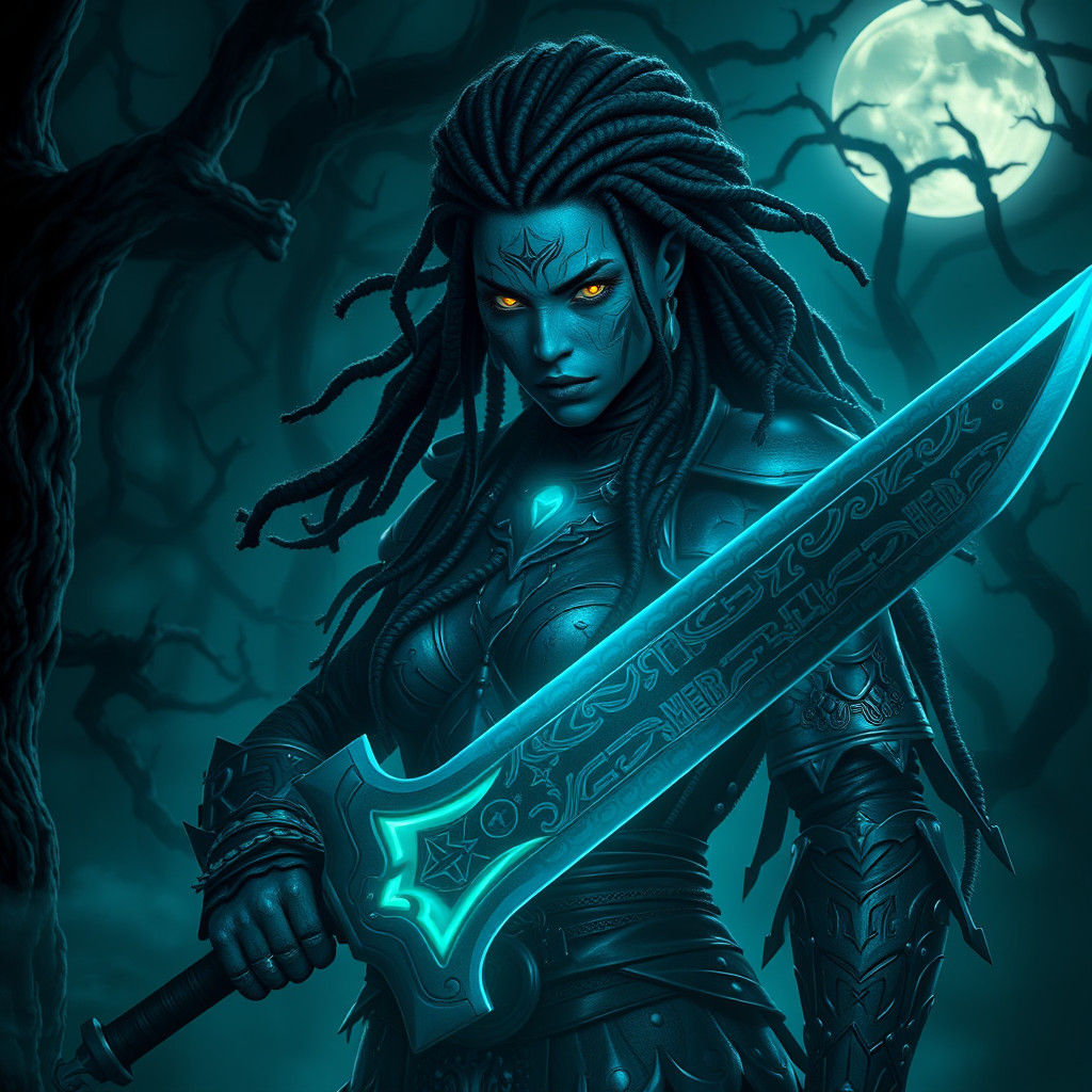 Blue-Skinned Warrior in Mystical Forest