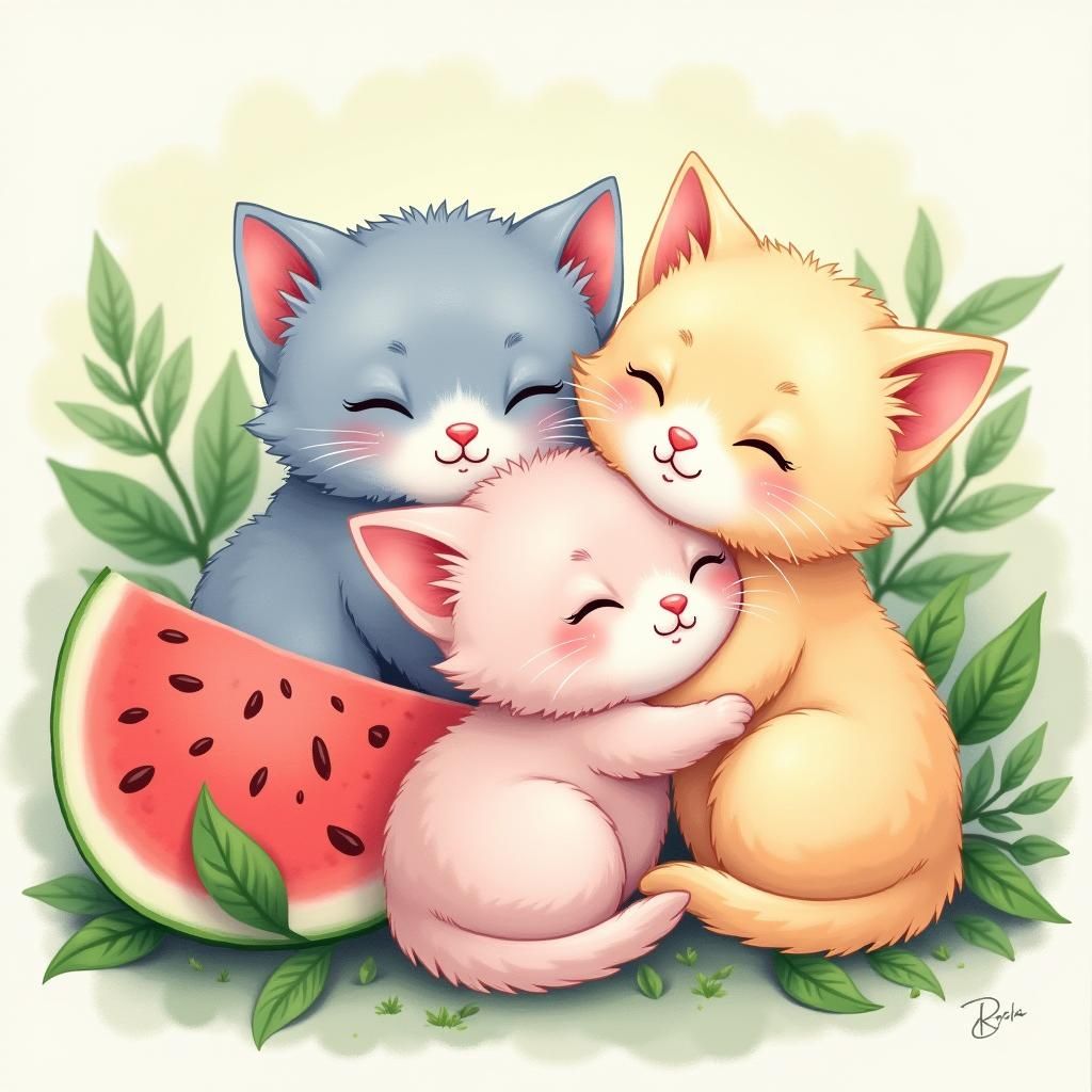 Pastel Kittens Cuddling Next to Watermelon in Kawaii Style