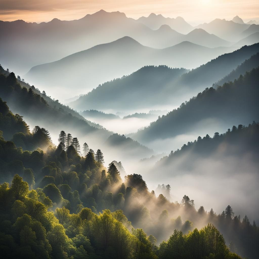 Misty Mountain Landscape with Bokeh