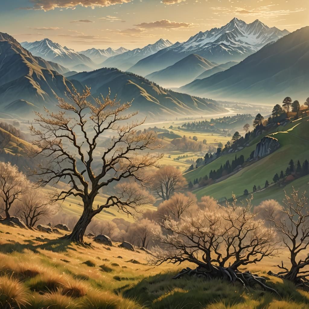 Mountain Landscape Painting in Da Vinci Style