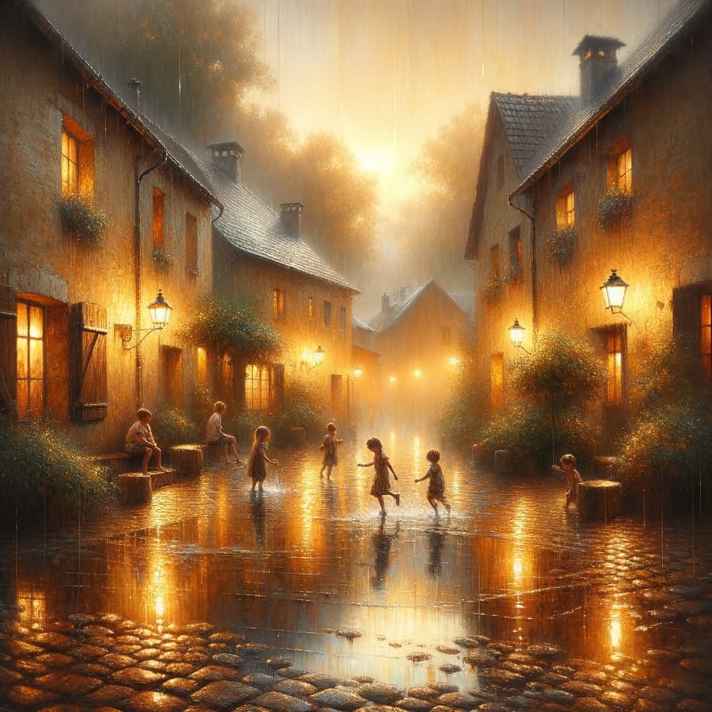 Children's Laughter Echoes in Rainy Village Square