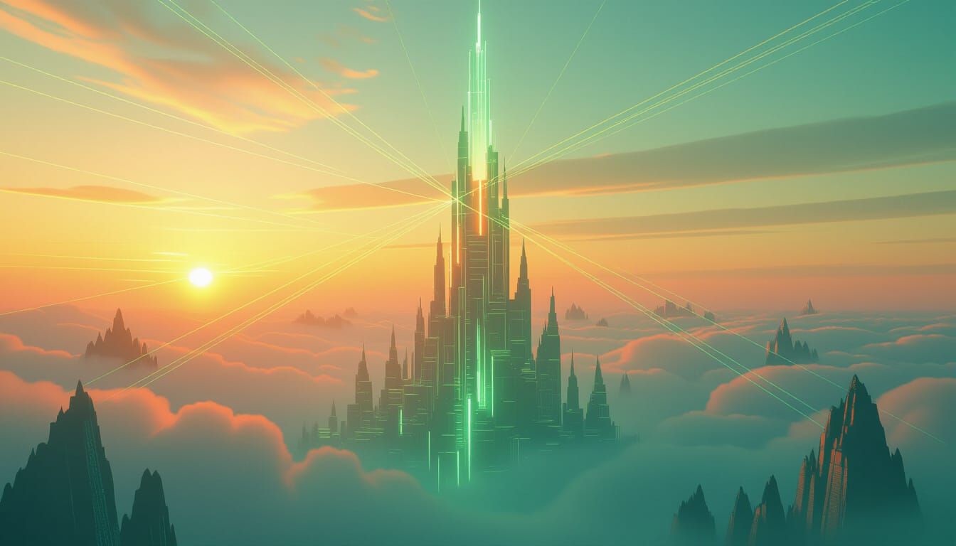 Fractal Spire in Neon Mist with Energy Ribbons