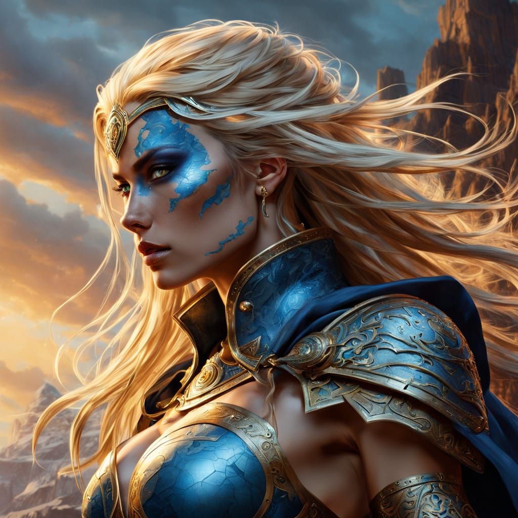 Scandinavian Warrior-Mage in Golden Armor and Fiery Landscap...