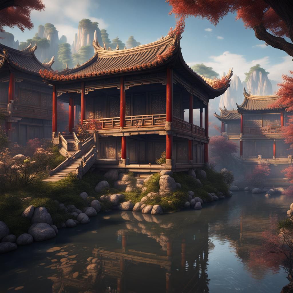 Ancient Chinese House by Stream, Fantasy Concept Art