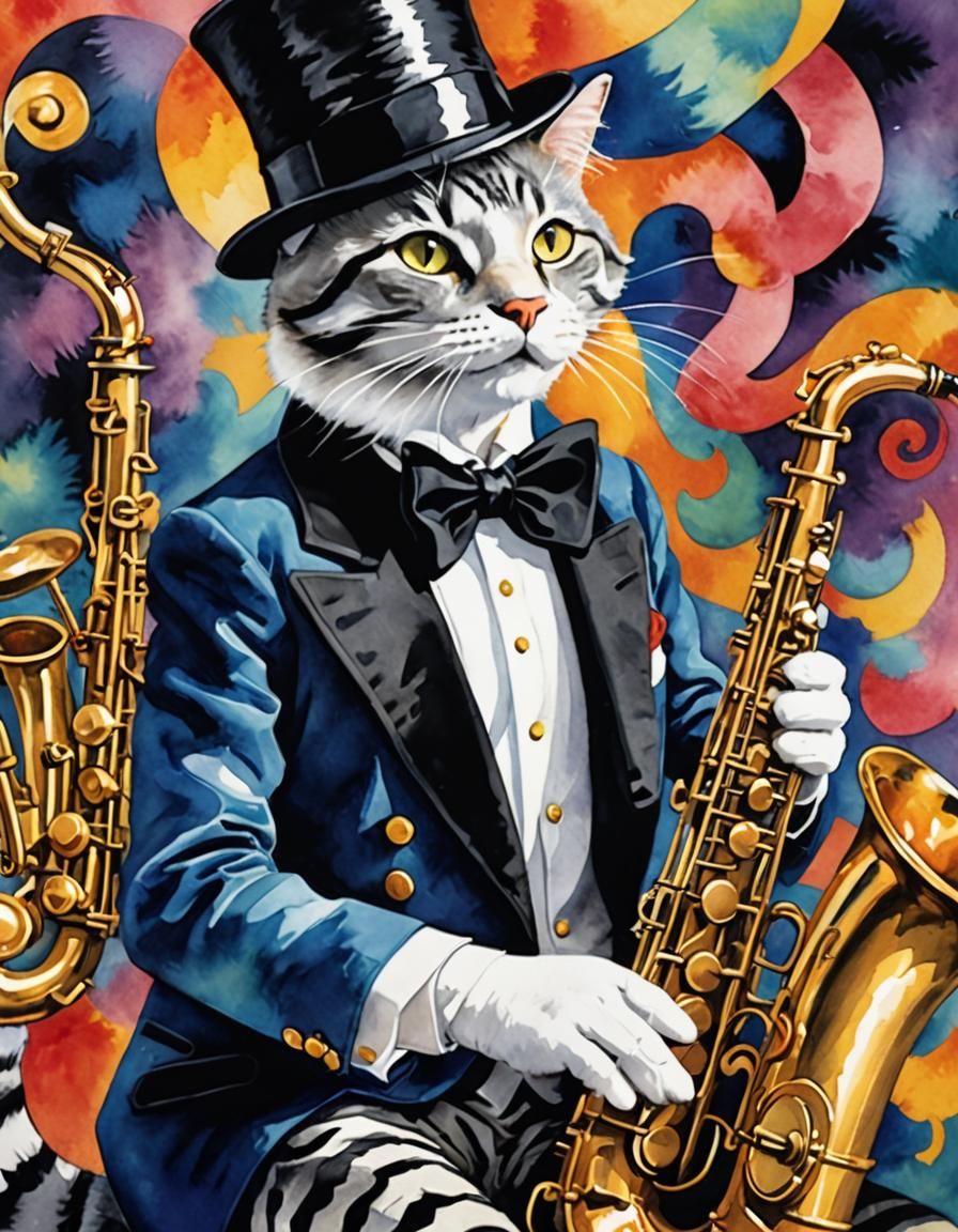 Cat In The Hat Jazz Scene in Watercolor Style