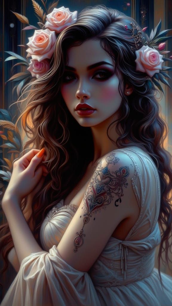 Woman with Flowing Hair and Expressive Eyes in Romantic Glow