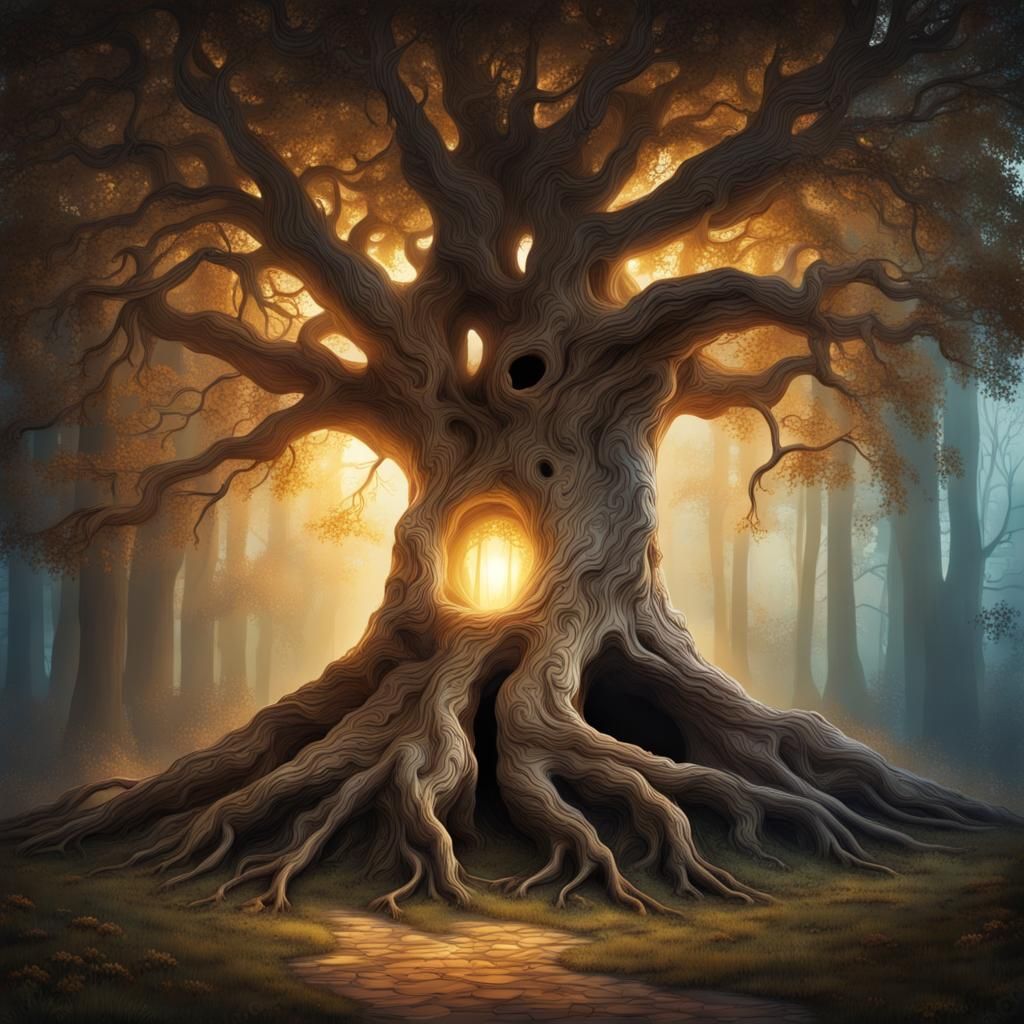 Mysterious Hollow Tree with Inner Light