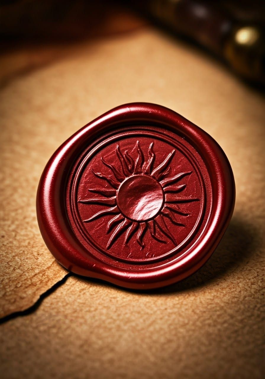Blood Red Wax Seal with Pearlescent Rising Sun Embossed