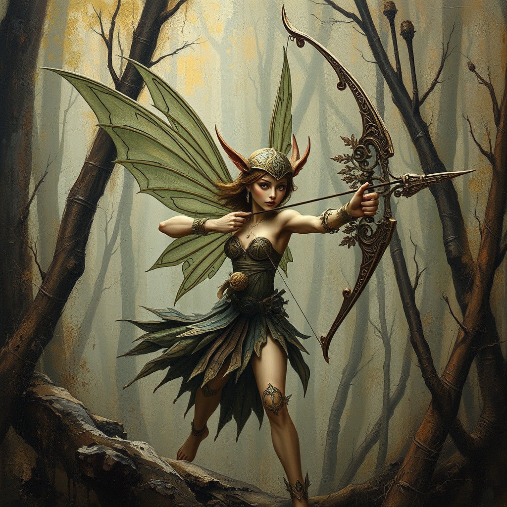 Elf Archer in Surrealist Trompe-l'oeil Forest