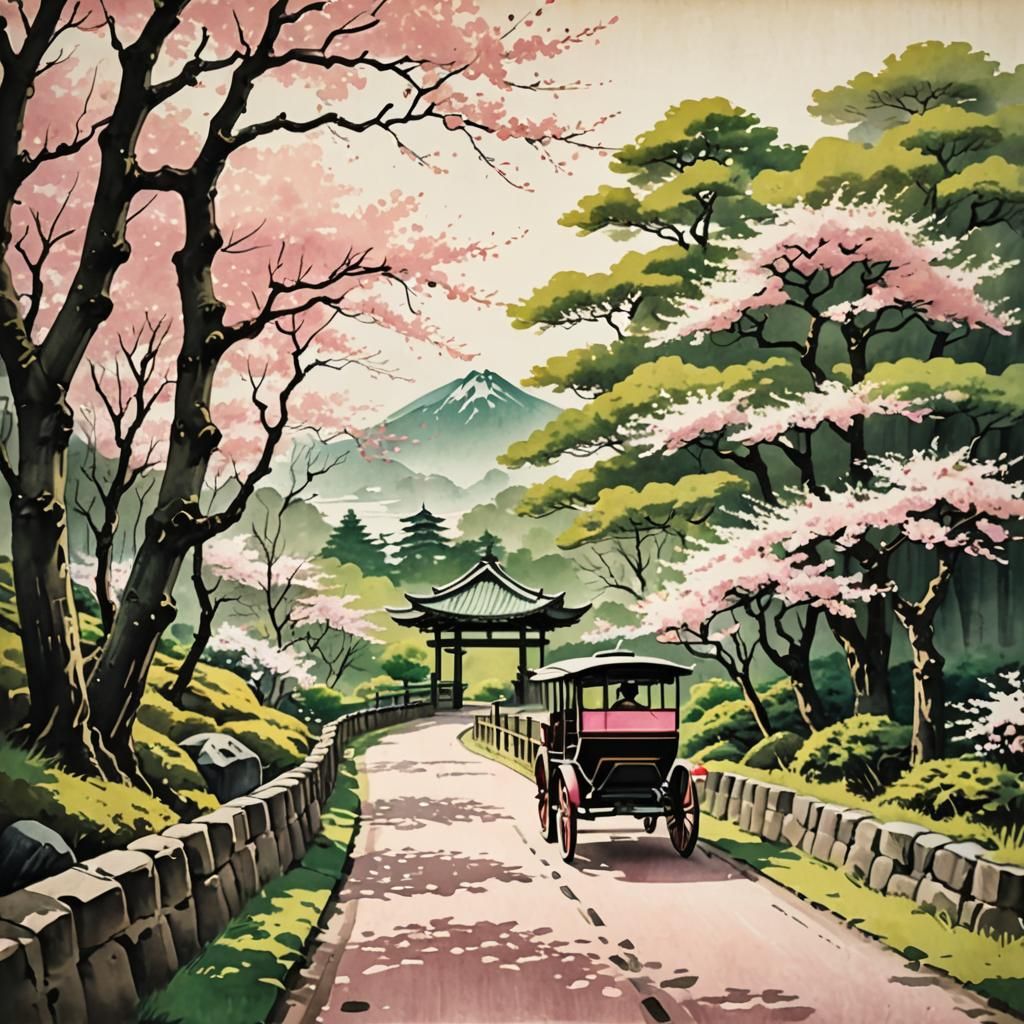 Japanese Landscape Ink Painting with Carriage
