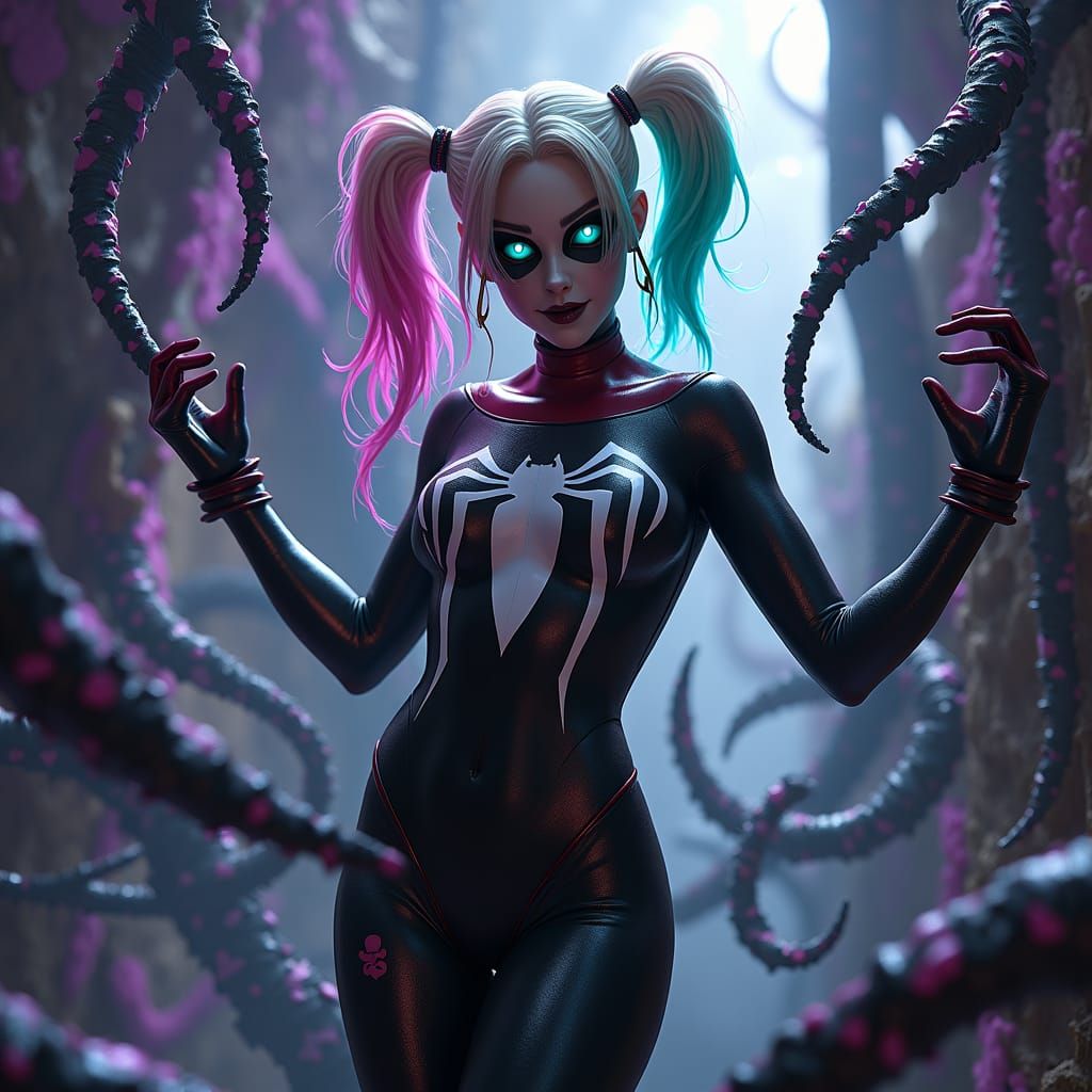 Venomized Harley Quinn in Black Latex Bodysuit