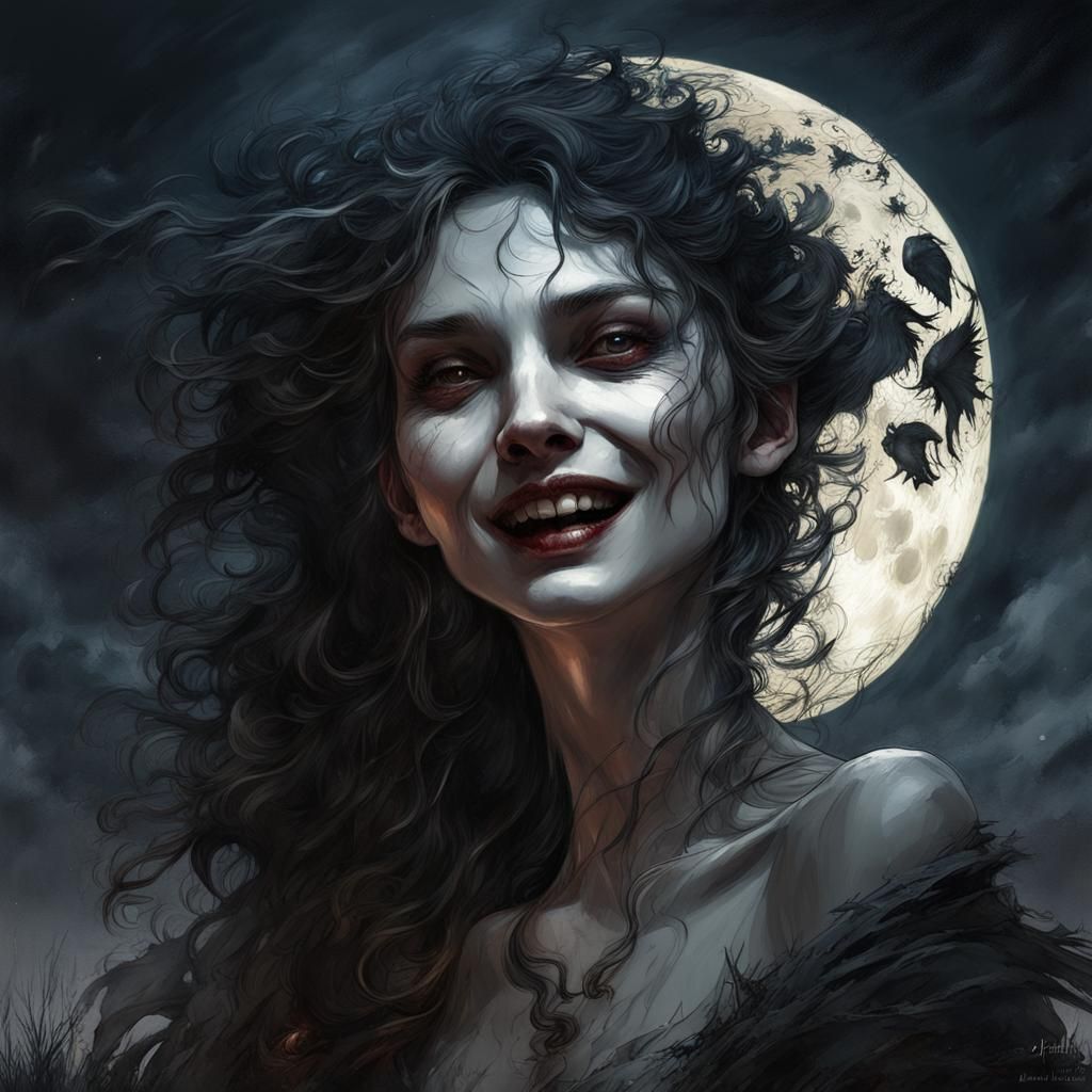 Moonlit Vampire Grinning Wickedly, Detailed Matte Painting