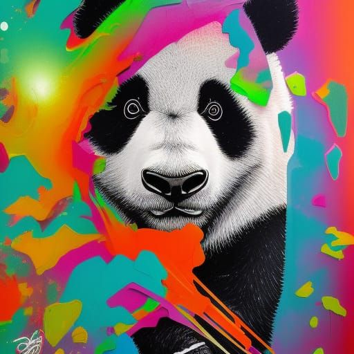Vibrant Panda Street Art in Cosmic Colors