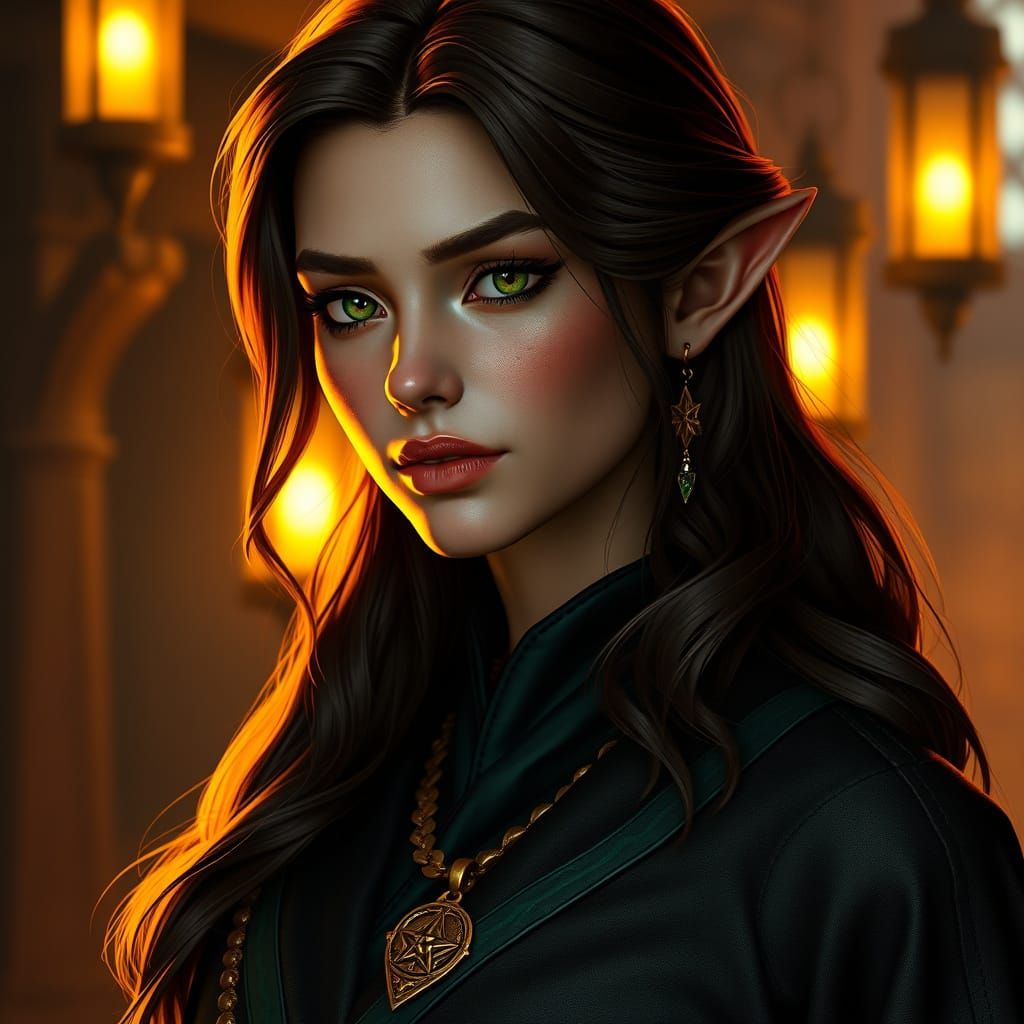 Elegant Half-Elf in Golden Light with Emerald Eyes