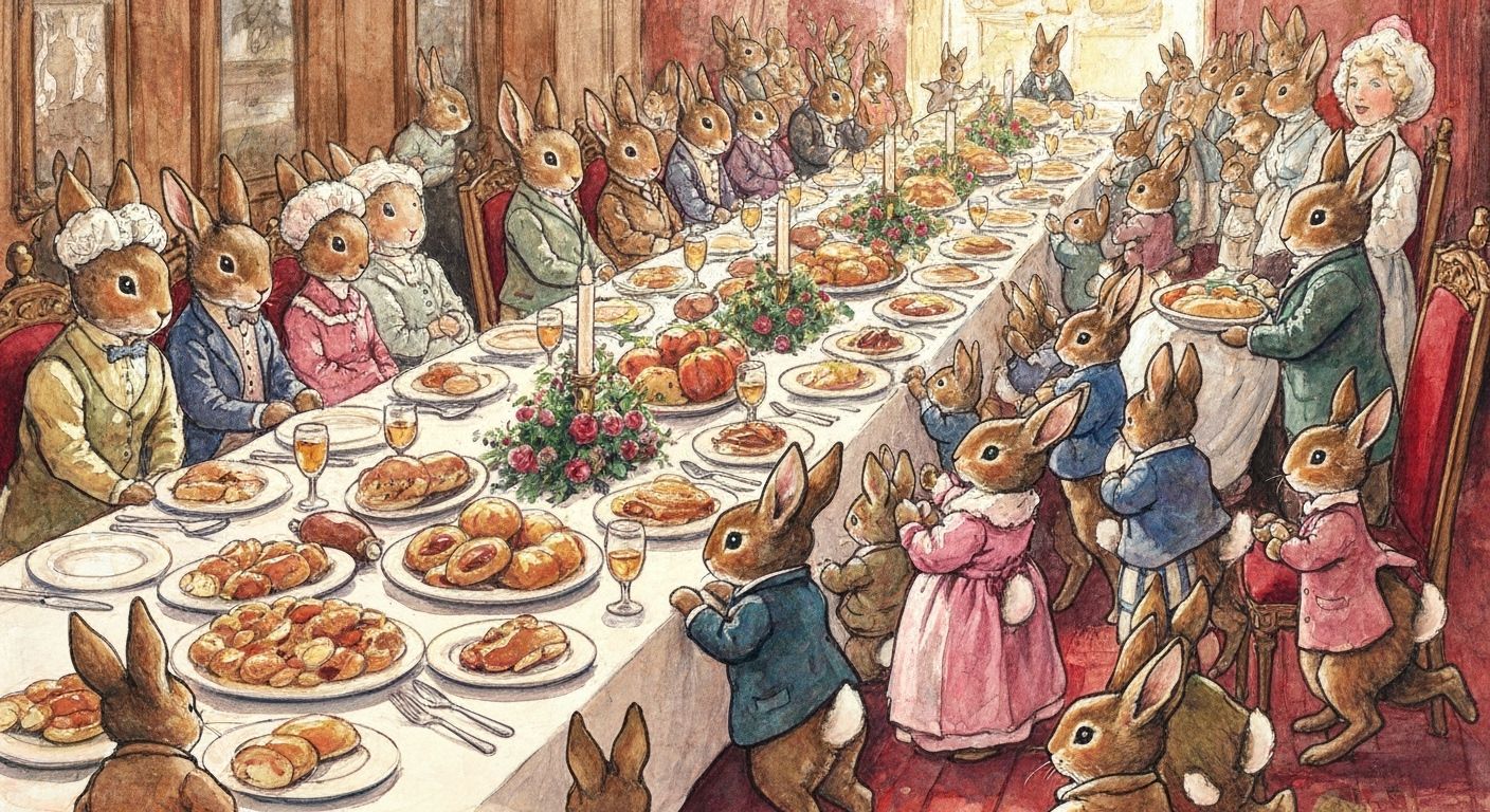 Anthropomorphic Bunnies Feast in Loose Watercolor Style